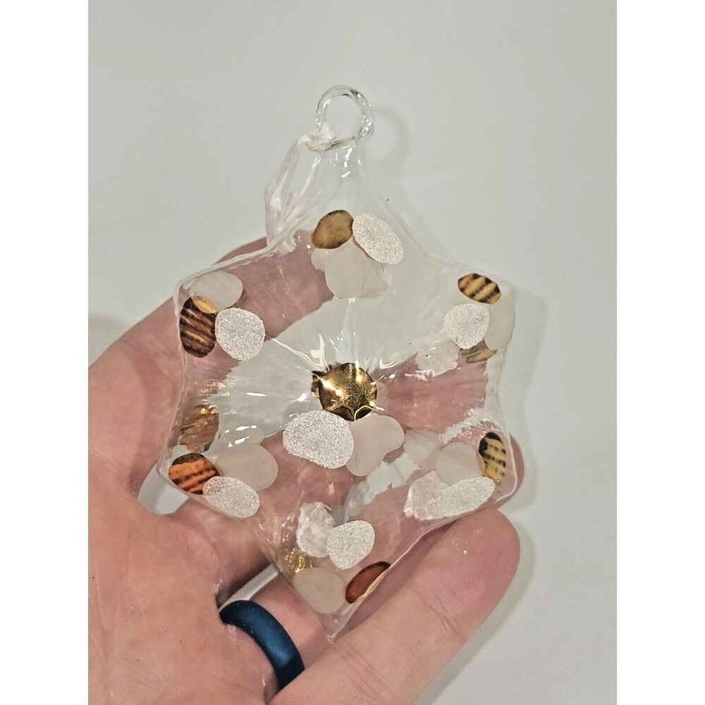 VINTAGE Hollow Clear Blown Glass Christmas‎ Ornament Polka Dot Star Decor EUC